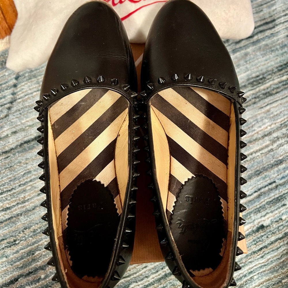Christian Louboutin Black Leather Ares Espadrille Spike Flats.